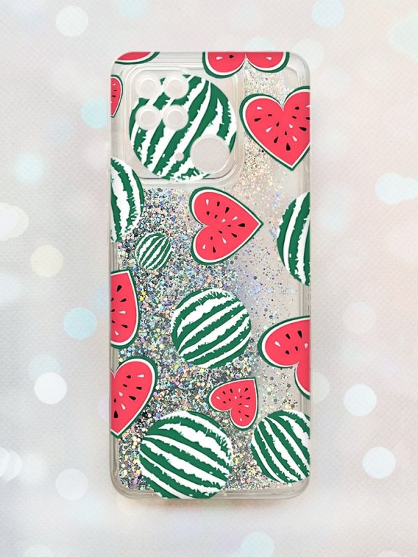 Чохол з плаваючими блискітками на Xiaomi Redmi 10С Срібний :: Кавуни сердечка (принт 343)