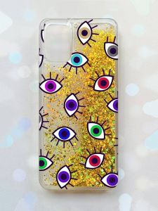 Чохол з плаваючими блискітками для Samsung Galaxy A03s (A037) Золотий :: Різнокольорові очі (принт 336)