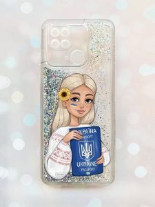 Чохол з плаваючими блискітками на Xiaomi Redmi 10С Срібний :: Дівчина з паспортом (принт 13)