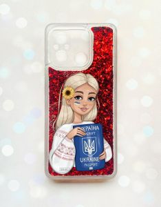 Чохол з плаваючими блискітками на Xiaomi Redmi 12C Червоний :: Дівчина з паспортом (принт 13)