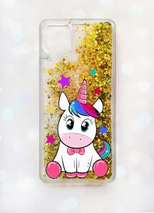 Чохол з плаваючими блискітками Samsung A12 Золотий :: Єдиноріг (принт 102)