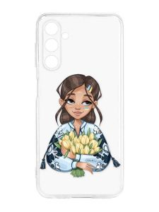 Прозорий силіконовий чохол на Samsung Galaxy M14 :: Дівчина з тюльпанами (принт 22)