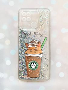 Чохол з плаваючими блискітками на Xiaomi Redmi 10С Срібний :: Капучіно котик (принт 97)
