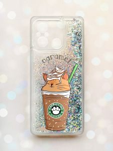 Чохол з плаваючими блискітками на Xiaomi Redmi 12C Срібний :: Капучіно котик (принт 97)