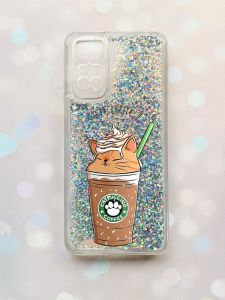 Чохол з плаваючими блискітками на Xiaomi Redmi Note 11 Срібний :: Капучіно котик (принт 97)