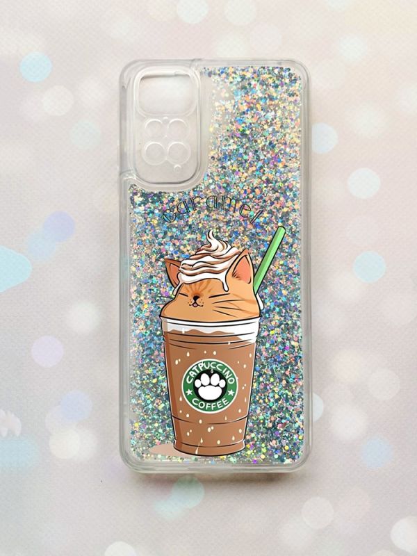 Чохол з плаваючими блискітками на Xiaomi Redmi Note 11 Срібний :: Капучіно котик (принт 97)