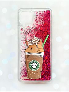 Чохол з плаваючими блискітками Samsung Galaxy A12 Рожевий :: Капучіно котик (принт 97)