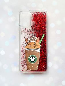 Чохол з плаваючими блискітками для Samsung Galaxy A03s (A037) Червоний :: Капучіно котик (принт 97)
