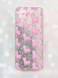 Чохол з плаваючими блискітками на Xiaomi Redmi 10С Срібний :: Лами рожеві (принт 101)