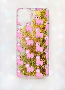 Чохол з плаваючими блискітками Samsung A12 Золотий :: Лами рожеві (принт 101)