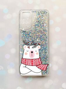 Чохол з плаваючими блискітками на Xiaomi Redmi Note 11 Срібний :: Ведмідь у шарфі (принт 147)
