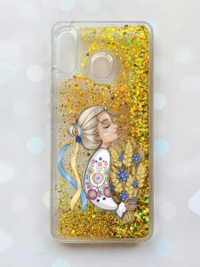 Чохол з плаваючими блискітками на Samsung Galaxy А30(2019) А305/A20 Золотий :: Українка з колосками (принт 173)
