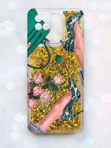 Чохол з плаваючими блискітками на Xiaomi Redmi 10С Золотий :: Туфельки і квіти (принт 225)