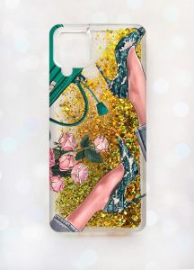 Чохол з плаваючими блискітками Samsung A12 Золотий :: Туфельки і квіти (принт 225)