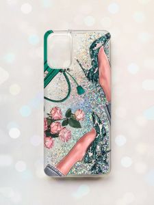 Чохол з плаваючими блискітками для Samsung Galaxy A03s (A037) Срібний :: Туфельки і квіти (принт 225)