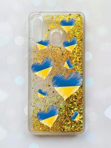 Чохол з плаваючими блискітками на Samsung Galaxy А30(2019) А305/A20 Золотий :: Сердечка. Україна (принт 258)