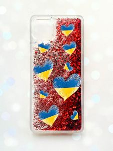 Чохол з плаваючими блискітками Samsung Galaxy A12 Червоний :: Сердечка. Україна (принт 258)