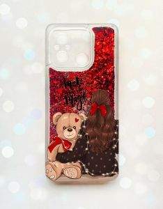 Чохол з плаваючими блискітками на Xiaomi Redmi 12C Червоний :: Дівчина з ведмедиком (принт 188)