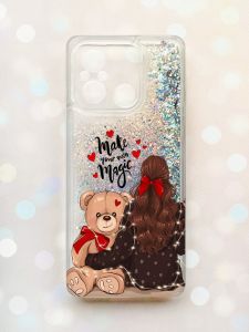 Чохол з плаваючими блискітками на Xiaomi Redmi 12C Срібний :: Дівчина з ведмедиком (принт 188)