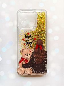 Чохол з плаваючими блискітками на Xiaomi Redmi 12C Золотий :: Дівчина з ведмедиком (принт 188)
