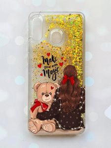 Чохол з плаваючими блискітками на Samsung Galaxy А30(2019) А305/A20 Золотий :: Дівчина з ведмедиком (принт 188)