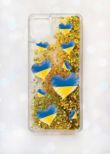 Чохол з плаваючими блискітками Samsung A12 Золотий :: Сердечка. Україна (принт 258)