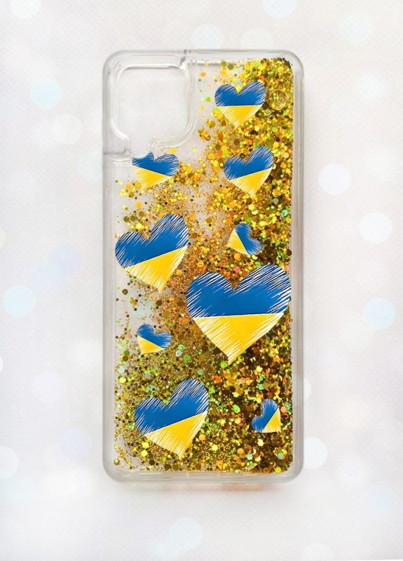 Чохол з плаваючими блискітками Samsung A12 Золотий :: Сердечка. Україна (принт 258)