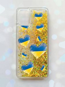 Чохол з плаваючими блискітками для Samsung Galaxy A03s (A037) Золотий :: Сердечка. Україна (принт 258)