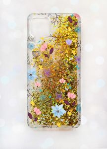 Чохол з плаваючими блискітками Samsung A12 Золотий :: Квітковий фон (принт 267)