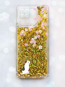 Чохол з плаваючими блискітками на Xiaomi Redmi 10С Золотий :: Котик і сакура (принт 283)