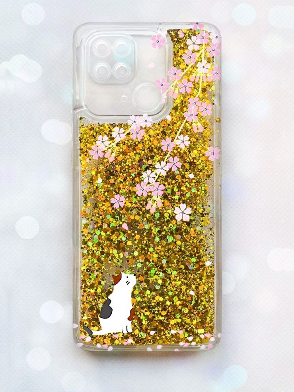 Чохол з плаваючими блискітками на Xiaomi Redmi 10С Золотий :: Котик і сакура (принт 283)