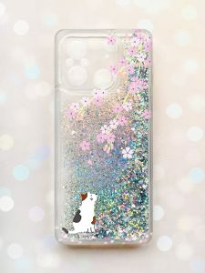 Чохол з плаваючими блискітками на Xiaomi Redmi 12C Срібний :: Котик і сакура (принт 283)