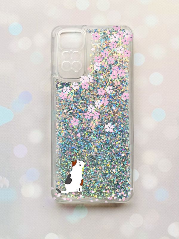 Чохол з плаваючими блискітками на Xiaomi Redmi Note 11 Срібний :: Котик і сакура (принт 283)