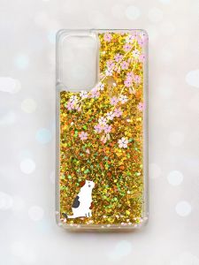Чохол з плаваючими блискітками на Samsung Galaxy A52 (A525) Золотий :: Котик і сакура (принт 283)