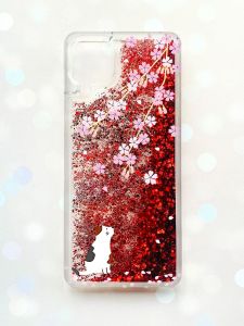 Чохол з плаваючими блискітками Samsung Galaxy A12 Червоний :: Котик і сакура (принт 283)