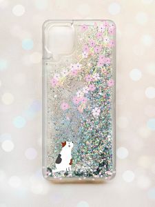 Чохол з плаваючими блискітками Samsung Galaxy A12 Срібний :: Котик і сакура (принт 283)