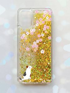 Чохол з плаваючими блискітками для Samsung Galaxy A03s (A037) Золотий :: Котик і сакура (принт 283)