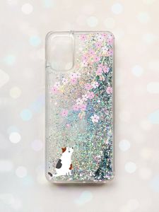Чохол з плаваючими блискітками для Samsung Galaxy A03s (A037) Срібний :: Котик і сакура (принт 283)