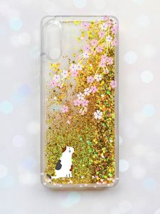 Чохол з плаваючими блискітками Samsung Galaxy A02 / A022 (2021) Золотий :: Котик і сакура (принт 283)