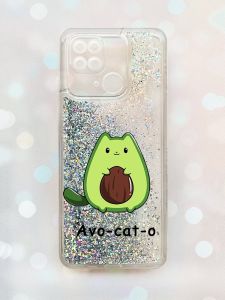 Чохол з плаваючими блискітками на Xiaomi Redmi 10С Срібний :: Котик Авокадо (принт 306)