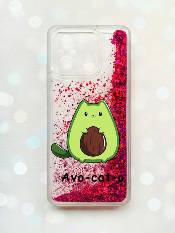 Чохол з плаваючими блискітками на Xiaomi Redmi 12C Рожевий :: Котик Авокадо (принт 306)