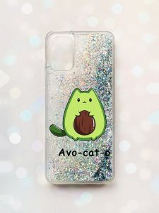 Чохол з плаваючими блискітками для Samsung Galaxy A03s (A037) Срібний :: Котик Авокадо (принт 306)