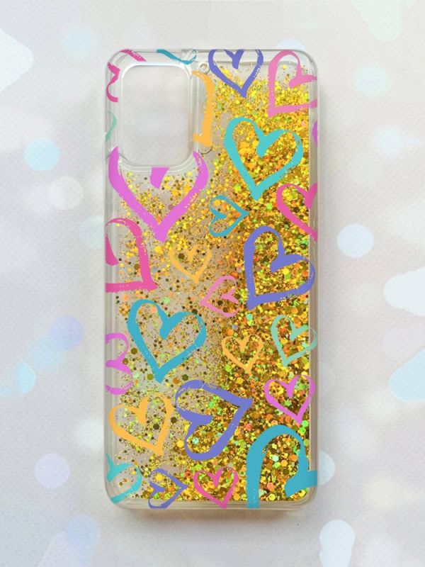 Чохол з плаваючими блискітками для Samsung Galaxy A03s (A037) Золотий :: Різнокольорові сердечка (принт 332)