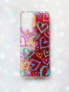 Чохол з плаваючими блискітками для Samsung Galaxy A03s (A037) Червоний :: Різнокольорові сердечка (принт 332)