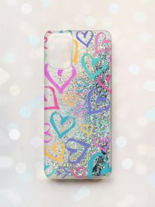 Чохол з плаваючими блискітками для Samsung Galaxy A03s (A037) Срібний :: Різнокольорові сердечка (принт 332)