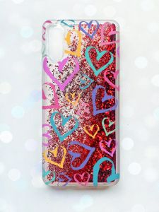 Чохол з плаваючими блискітками Samsung Galaxy A02 / A022 (2021) Червоний :: Різнокольорові сердечка (принт 332)
