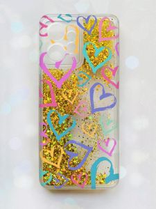 Чохол з плаваючими блискітками Xiaomi Redmi Note 12 4G Золотий :: Різнокольорові сердечка (принт 332)