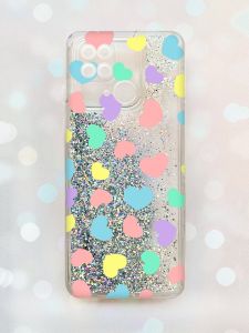 Чохол з плаваючими блискітками на Xiaomi Redmi 10С Срібний :: Різнокольорові сердечка (принт 335)