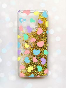 Чохол з плаваючими блискітками на Xiaomi Redmi 12C Золотий :: Різнокольорові сердечка (принт 335)