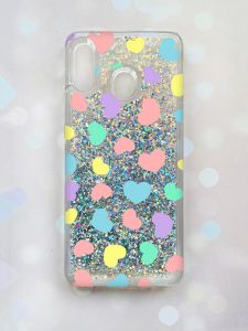 Чохол з плаваючими блискітками на Samsung Galaxy А30(2019) А305/A20 Срібний :: Різнокольорові сердечка (принт 335)